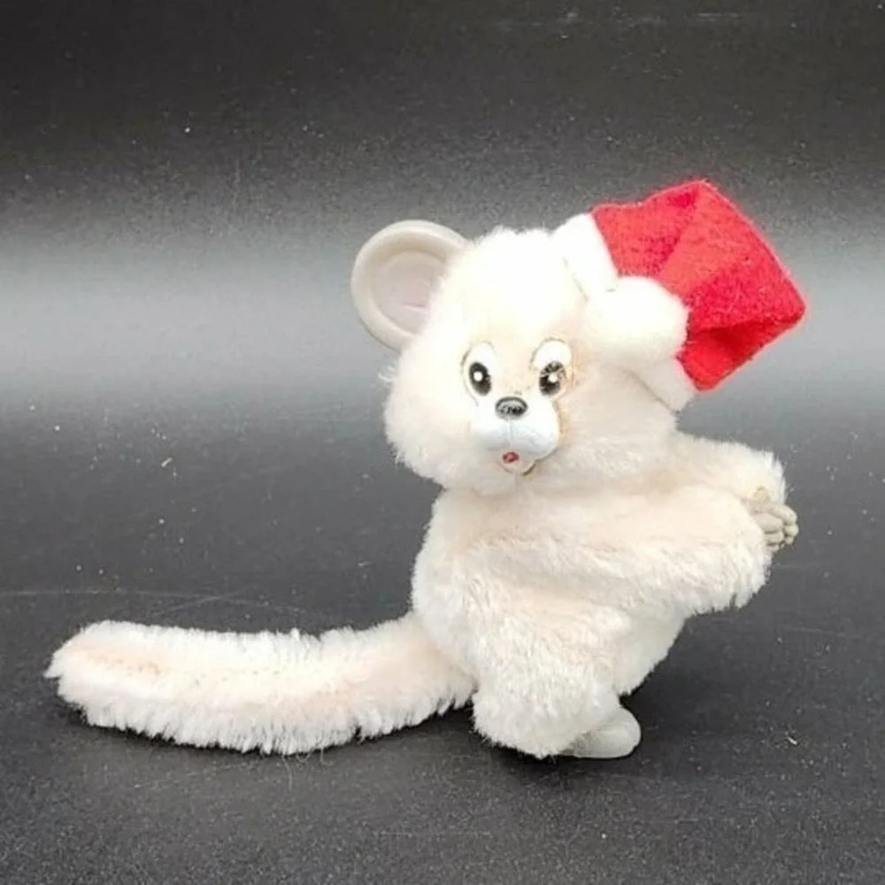 VTG Korea White Christmas Mouse Clip On Santa Hat Plush Retro Kitsch Ornament